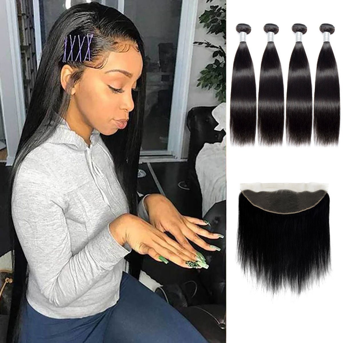 Indian 100% Virgin Human Hair 4pcs/pack Straight Hair Bundles With 13*4 Lace Frontal - Perismoda Hair